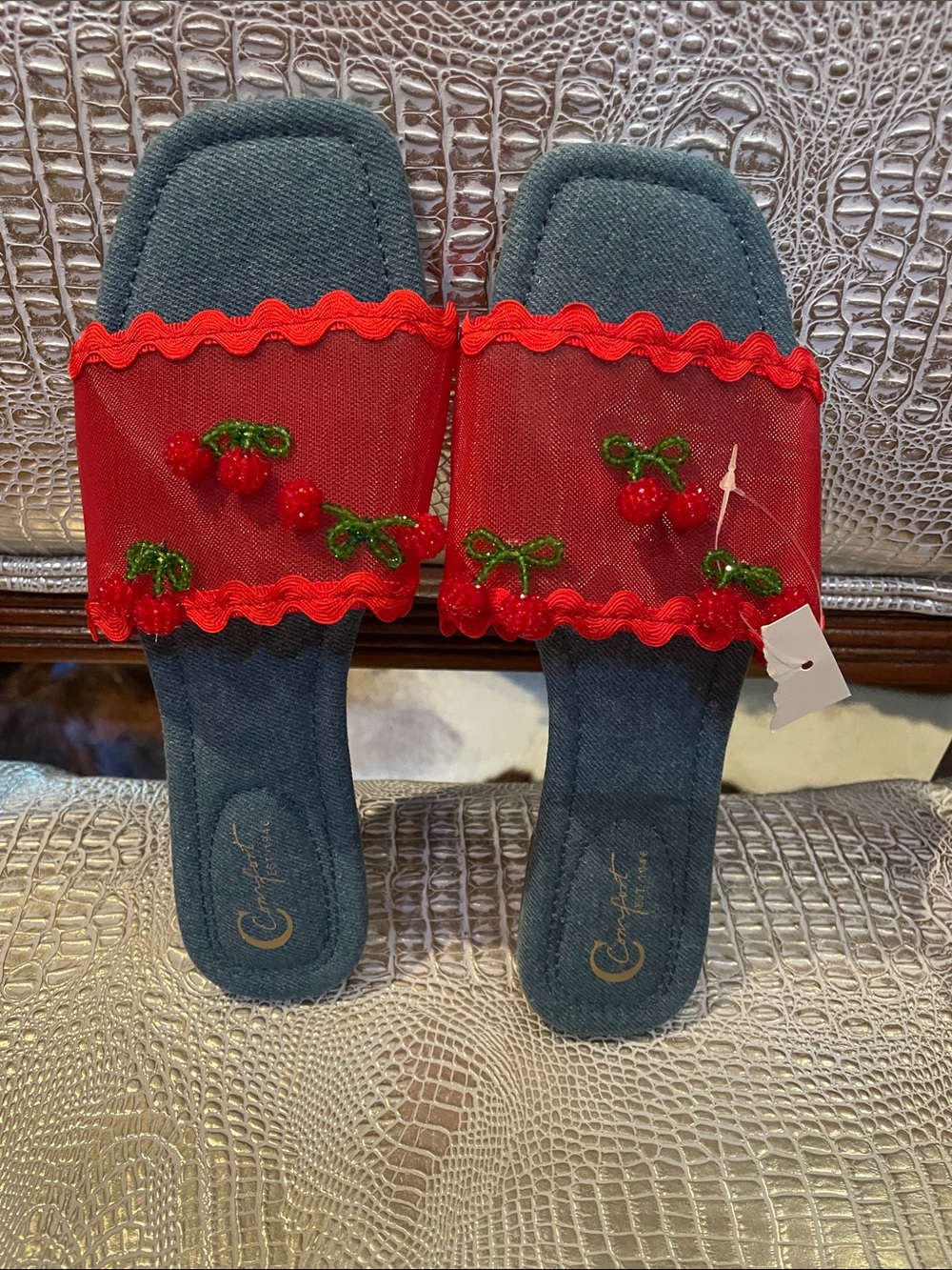 Red Cherry Embellished Slide Sandals - Unbranded